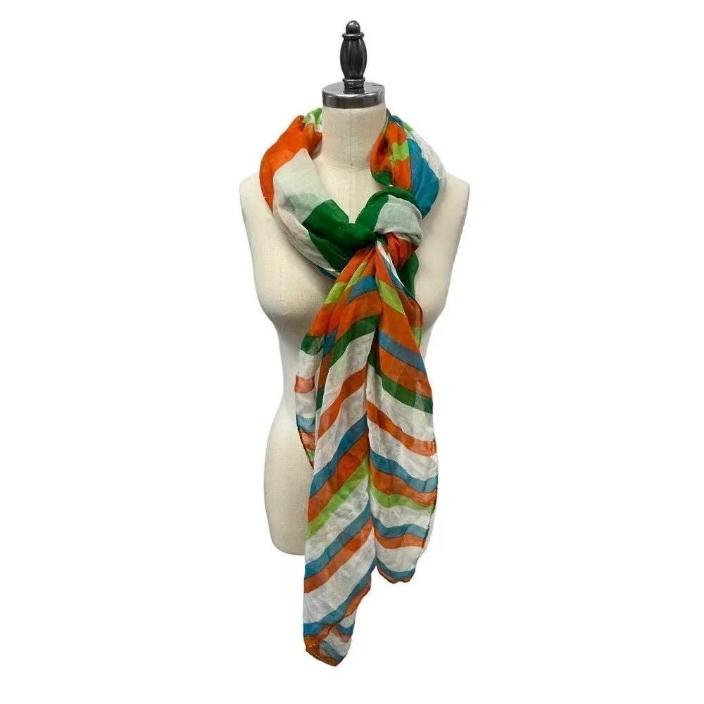 Charming Charlie Scarf Scarve Wrap Green Orange Blue Stripe‎